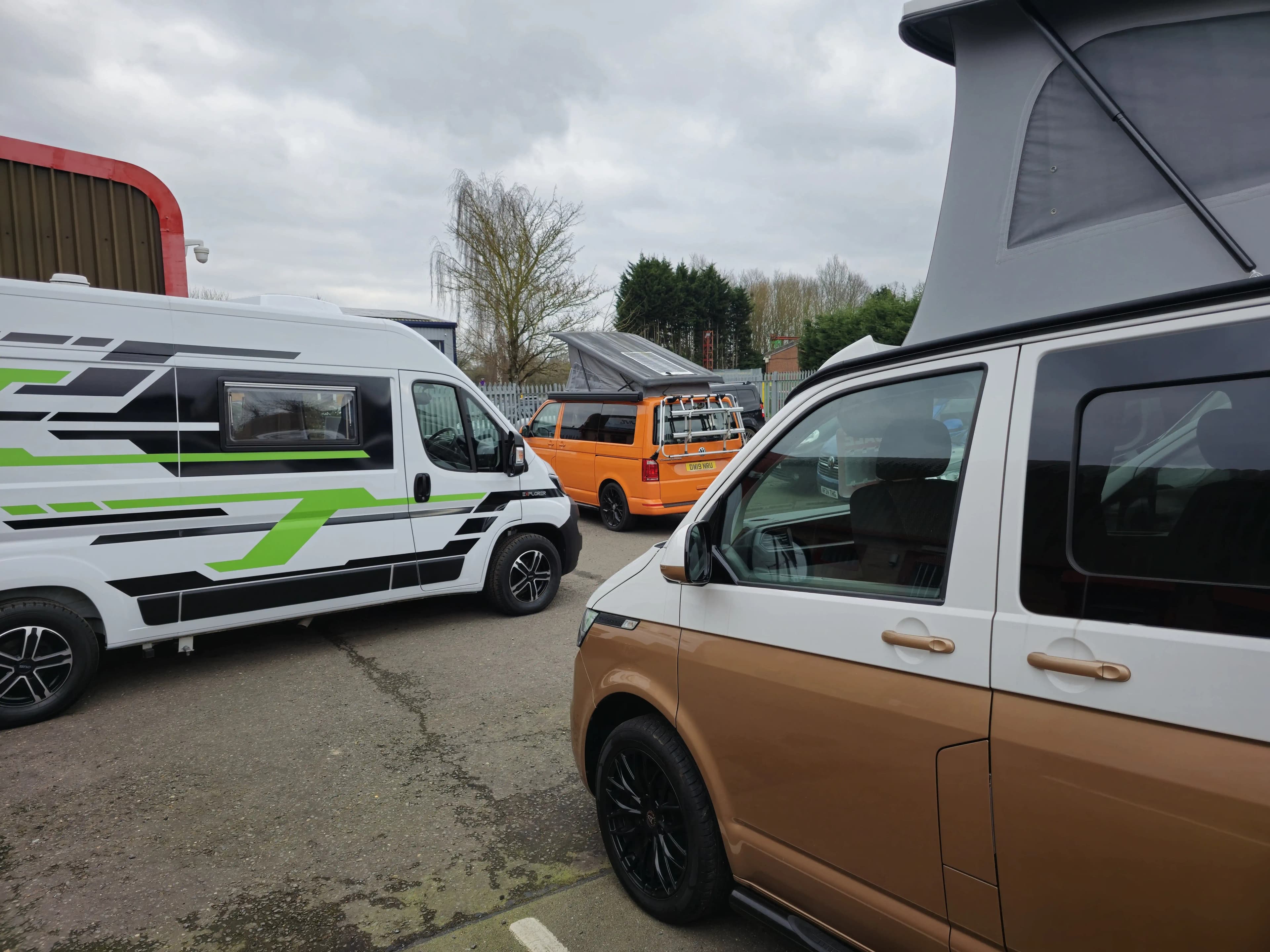 A snapshot of our hq, with 3 different types of campers, with 2 volkswagen conversions and 1 larger peugeot.