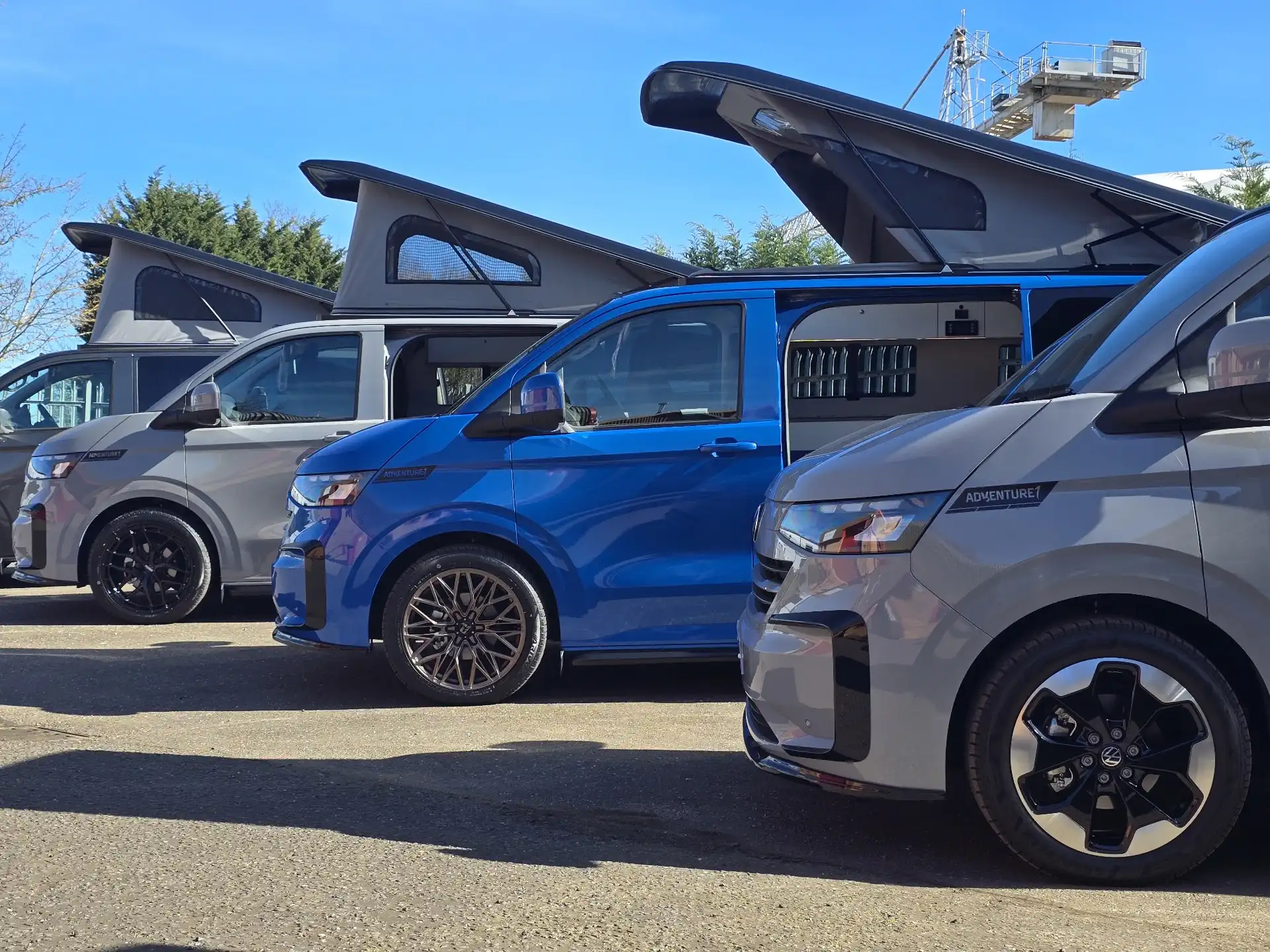 A snapshot of our hq, with 3 different types of campers, with 2 volkswagen conversions and 1 larger peugeot.
